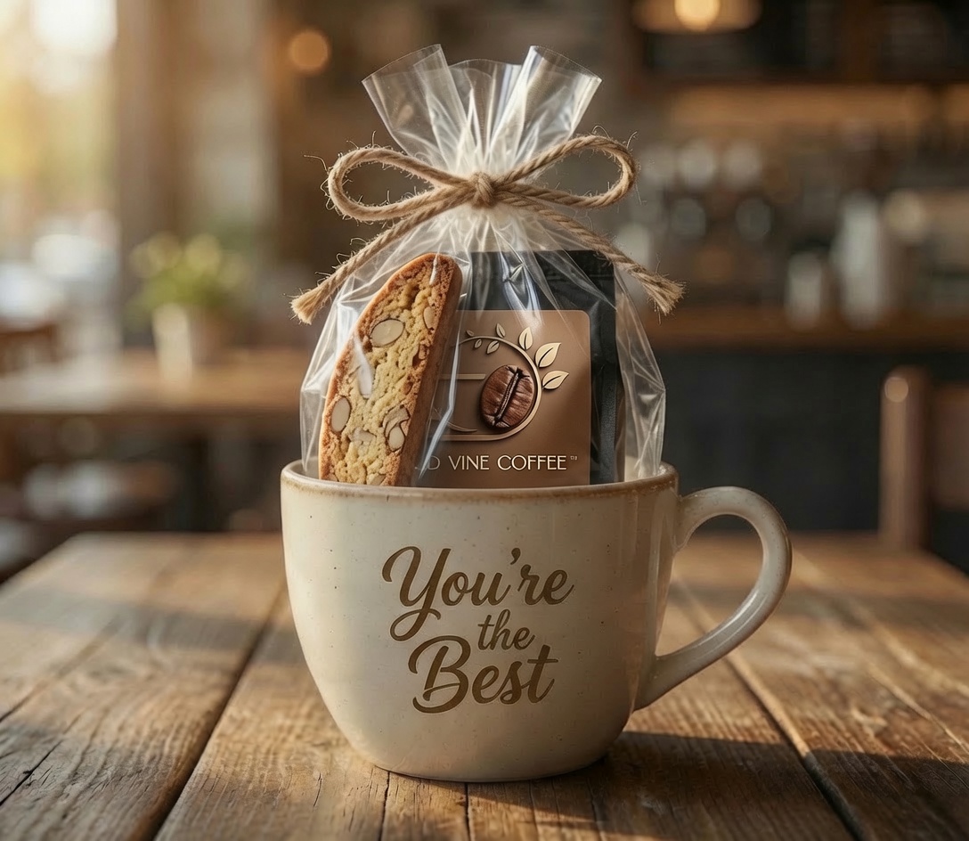 A Wild Vine Coffee gift mug and sealed coffee pouch with an almond biscotti tucked alongside