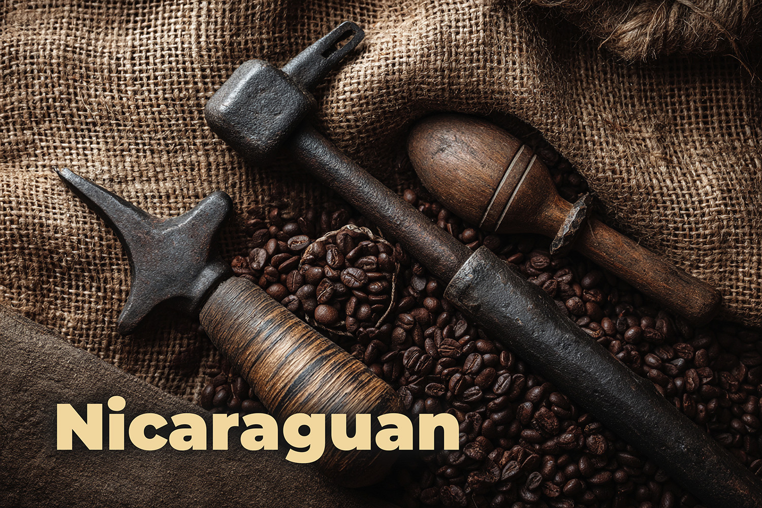 Freshly roasted Nicaragua coffee beans with antique roasting tools on burlap