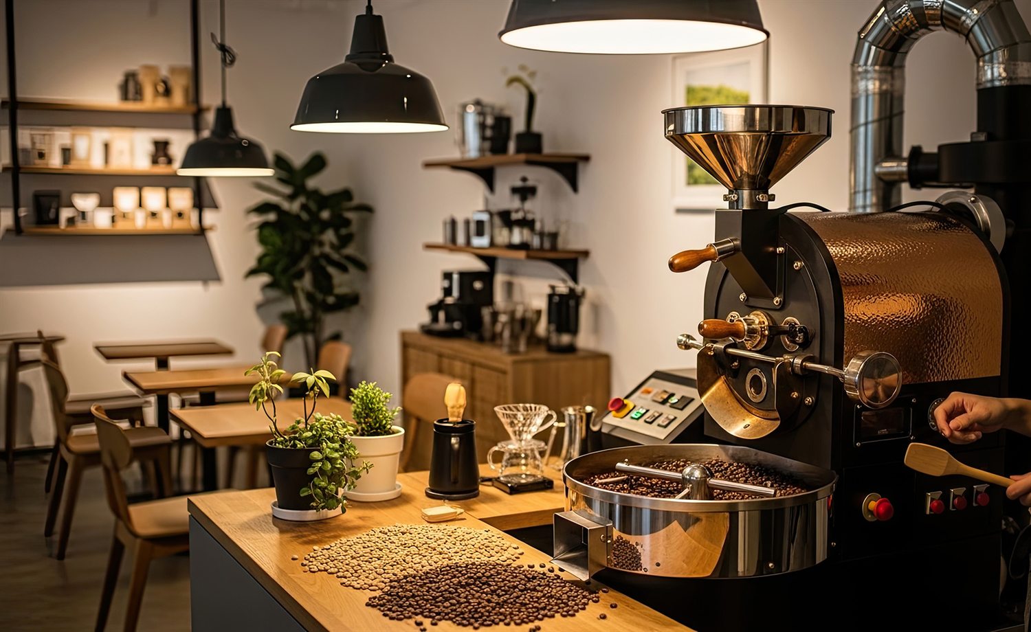 A copper small-batch coffee roaster cooling a fresh batch, with roasted beans on the counter of a warm café